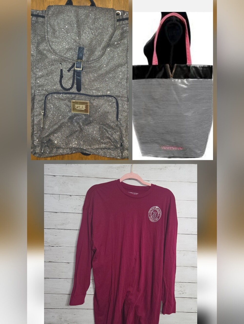 Victoria's Secret 3pc Lot- PINK Metallic Backpack - Vinyl Bag- Burgundy Night Sh